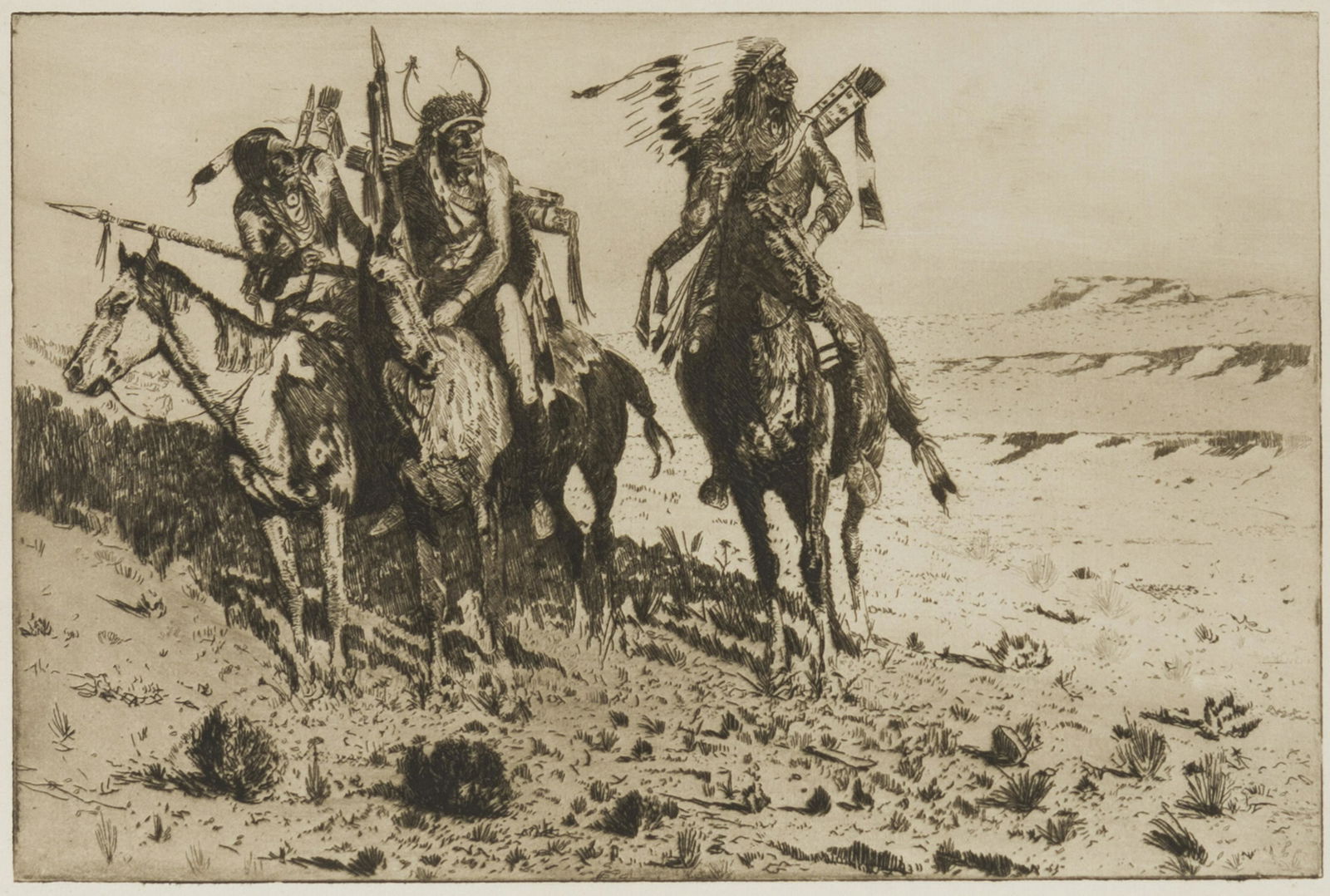 Edward Borein (1872-1945 Santa Barbara, CA): "Sioux Chief" Etching and drypoint on paper under glass Unsigned, authentication signed by the artist's wife affixed verso Plate: 8" H x 12" W Literature: Galvin 159.