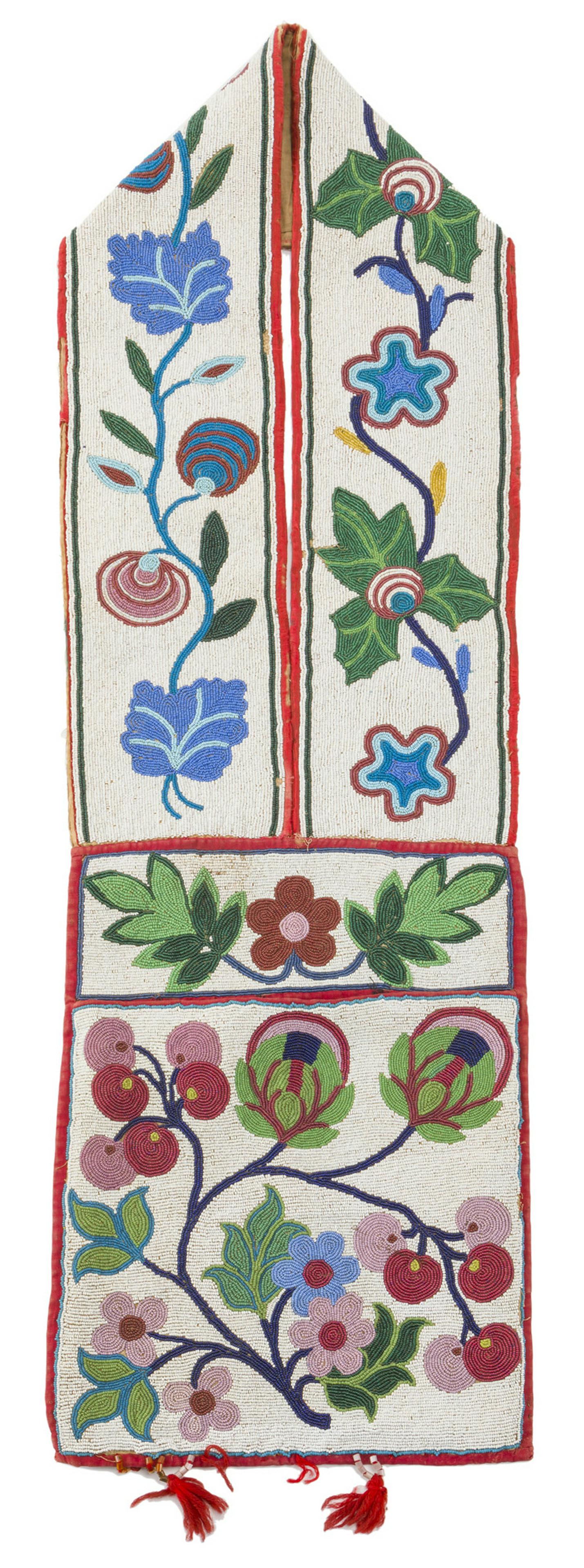 A Great Lakes beaded cloth bandolier bag: First quarter 20th century With a foliate motif on white background 38" H x 12" W