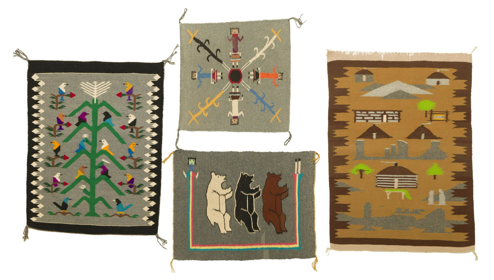 A group of Navajo pictorial rugs: Mid-20th century First: A village pictorial in brown, tan, gray and cream, woven by So Ann A. (34.25" H x 23.75" W); Second: An avian polychrome pictorial on gray field and black and white border (30"