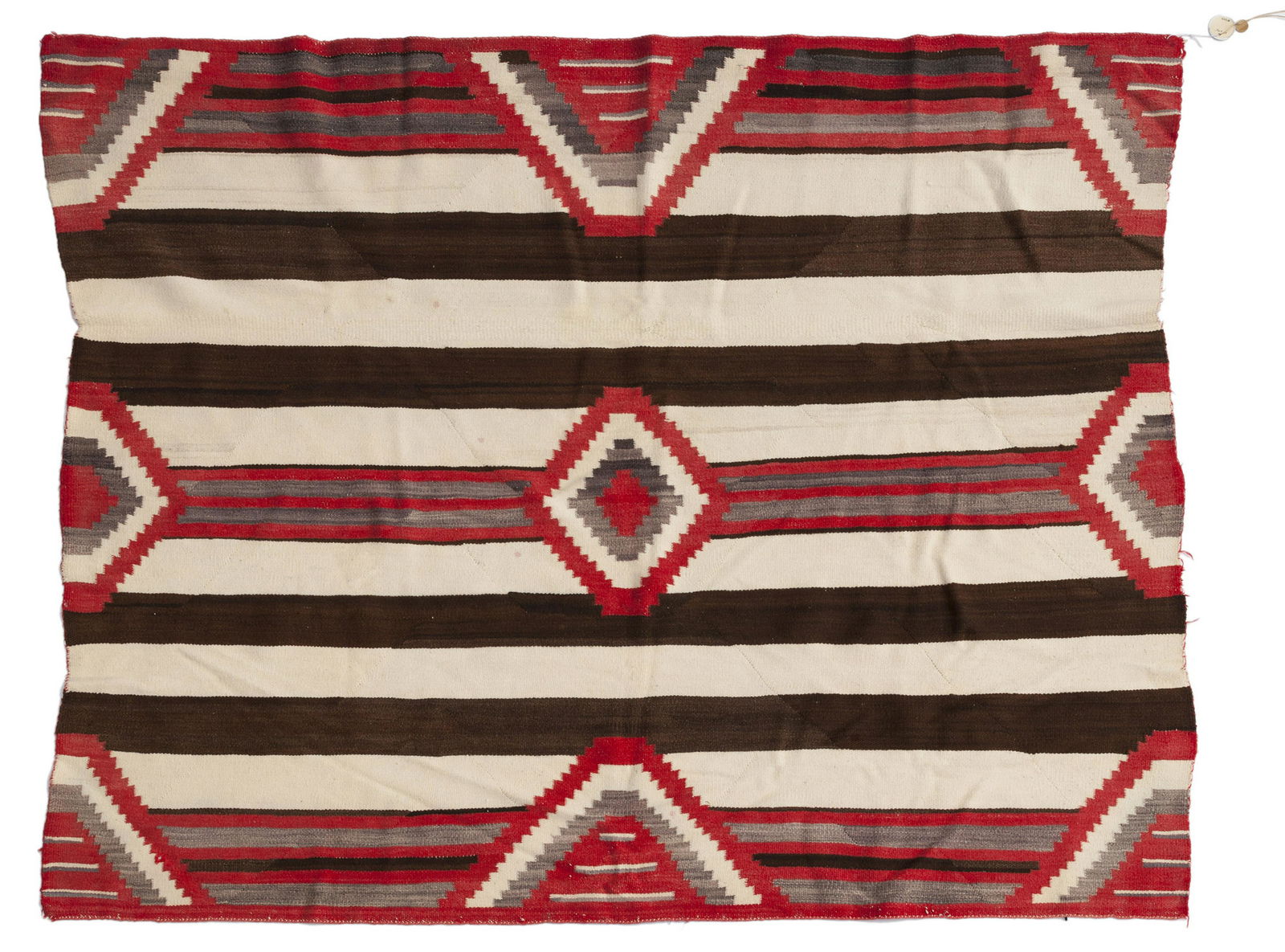 A Navajo Third Phase chief's blanket: Late 19th/early 20th century Woven in cream, brown, gray and red of banded and serrated diamond design 53" H x 66" W Provenance: Estate of Tony Berlant, Los Angeles, CA Gayle Weyher Gallery, Salt