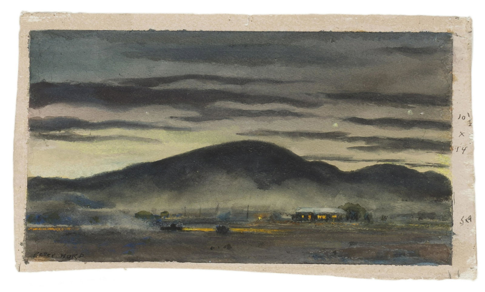 Peter Hurd (1904-1984 Roswell, NM): "Dance Night at the School-House" Watercolor on paper under glass Signed lower left: Peter Hurd, titled on a gallery label affixed to the backing board Sight: 5" H x 9" W