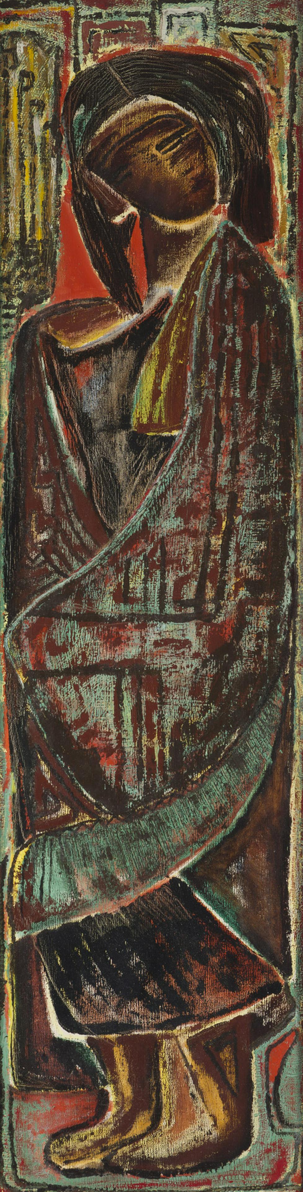 Otellie Loloma (1922-1993 Sipaulovi Village, AZ): Abstract American Indian figure Oil on canvas Signed and inscribed on the stretcher: Otellie Loloma / Scotts 48" H x 12.5" W Notes: A First Premium ribbon from the Indian Arts & Crafts Department from