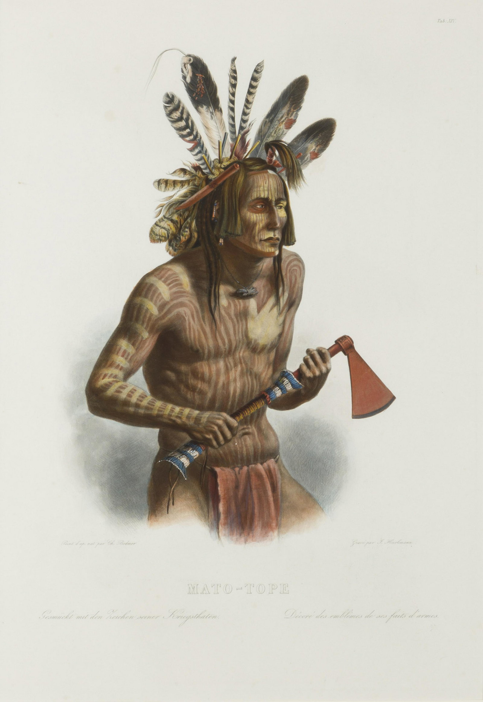 Karl Bodmer (1809-1893 French): "Mato - Tope," plate XIV (from "Travels in the Interior of North America") Hand-colored aquatint engraving on paper under glass; Paris, A. Bertrand, Coblenz, J. Holscher and London, Ackermann & Co. pu