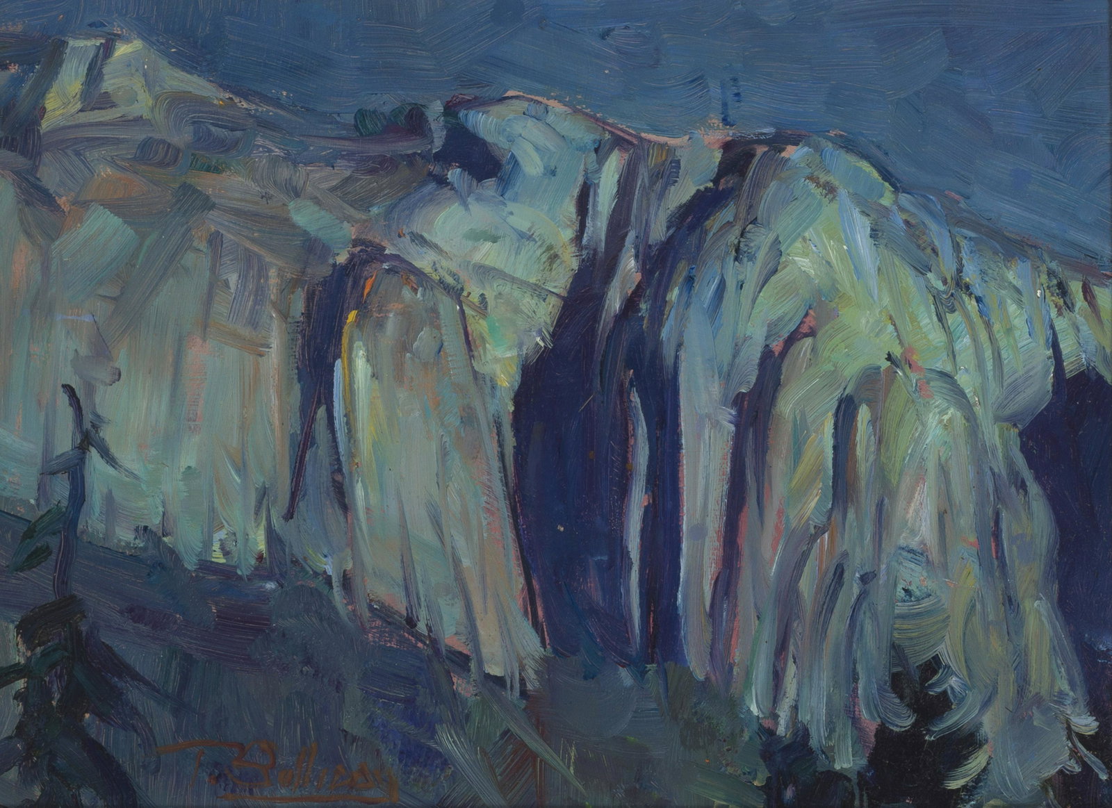 Tim Solliday (b. 1952 Alhambra, CA): "Study for Majestic Moonlit Wall" Oil on masonite Signed lower left: T. Solliday 9" H x 12" W
