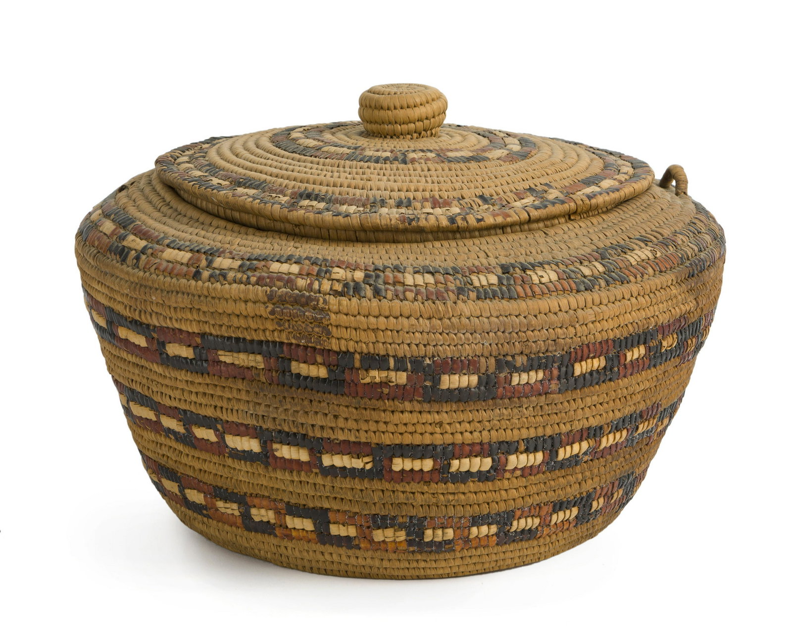 A Northwest Coast lidded basket: First quarter 20th century Polychrome bands of alternating red and white to both body and lid 7" H x 11.5" Dia.
