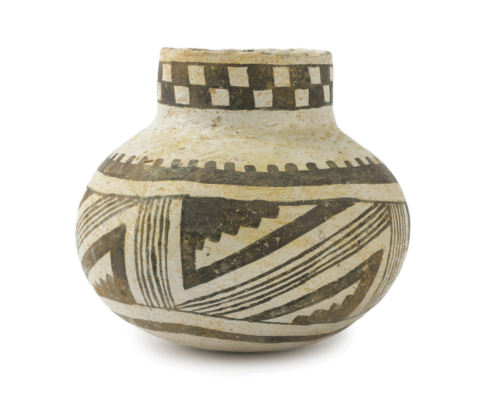 An Anasazi olla form pot: Pre-historic Hand coiled, pit fired, checkered collar in classic Roosevelt design 6" H x 52.5" Dia. Provenance: C.J. Collection, Apache Junction, AZ; Acquired by Old Adobe Traders, Santa Ynez, CA on A