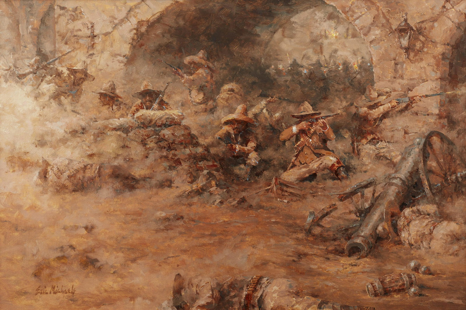 Eric Michaels (b. 1949 Trinidad, CO): "Torreon - 1914" Oil on masonite Signed lower left: Eric Michaels, titled on an artist's label affixed verso 24" H x 36" W Provenance: Western Rendezvous of Art, August, 2005 Property of a Private Col