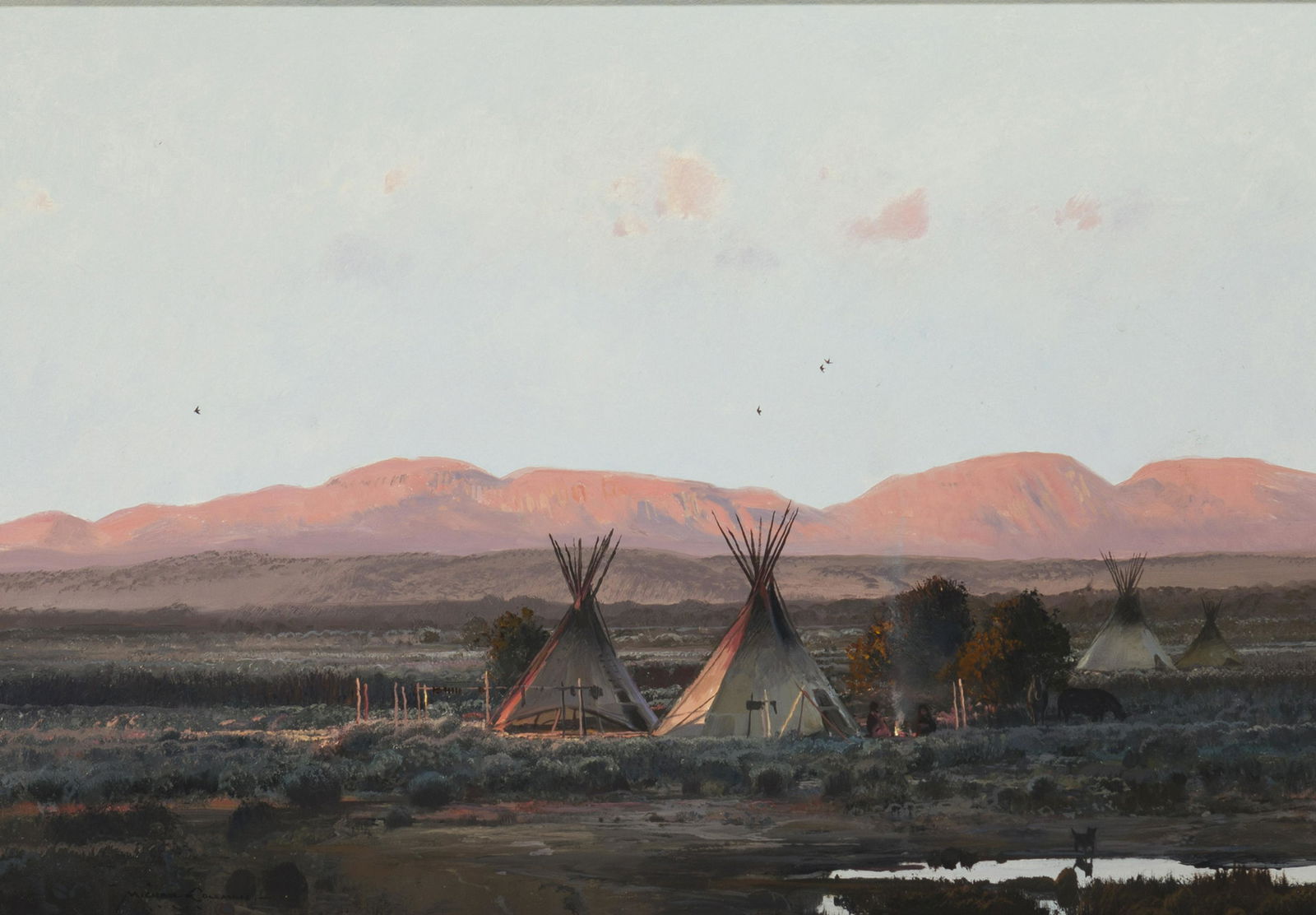 Michael Coleman (b. 1946 Provo, UT): Crow Indian camp at sunset Oil on masonite Signed lower left: Michael Coleman 14" H x 20" W