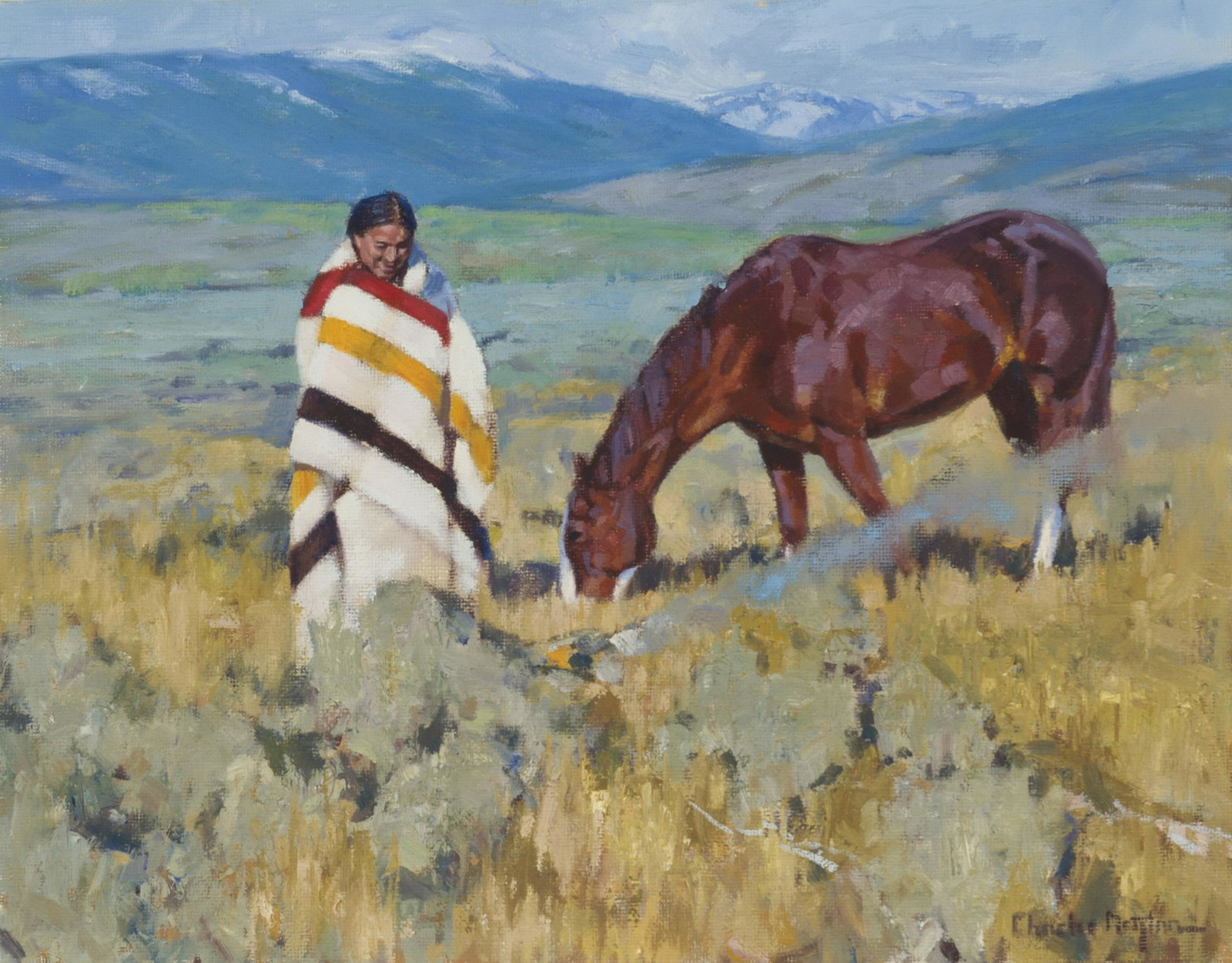 Charles Dayton (b. 1967 American): American Indian wrapped in a blanket with horse Oil on canvasboard Signed lower right: Charles Dayton, signed again verso 11" H x 14" W