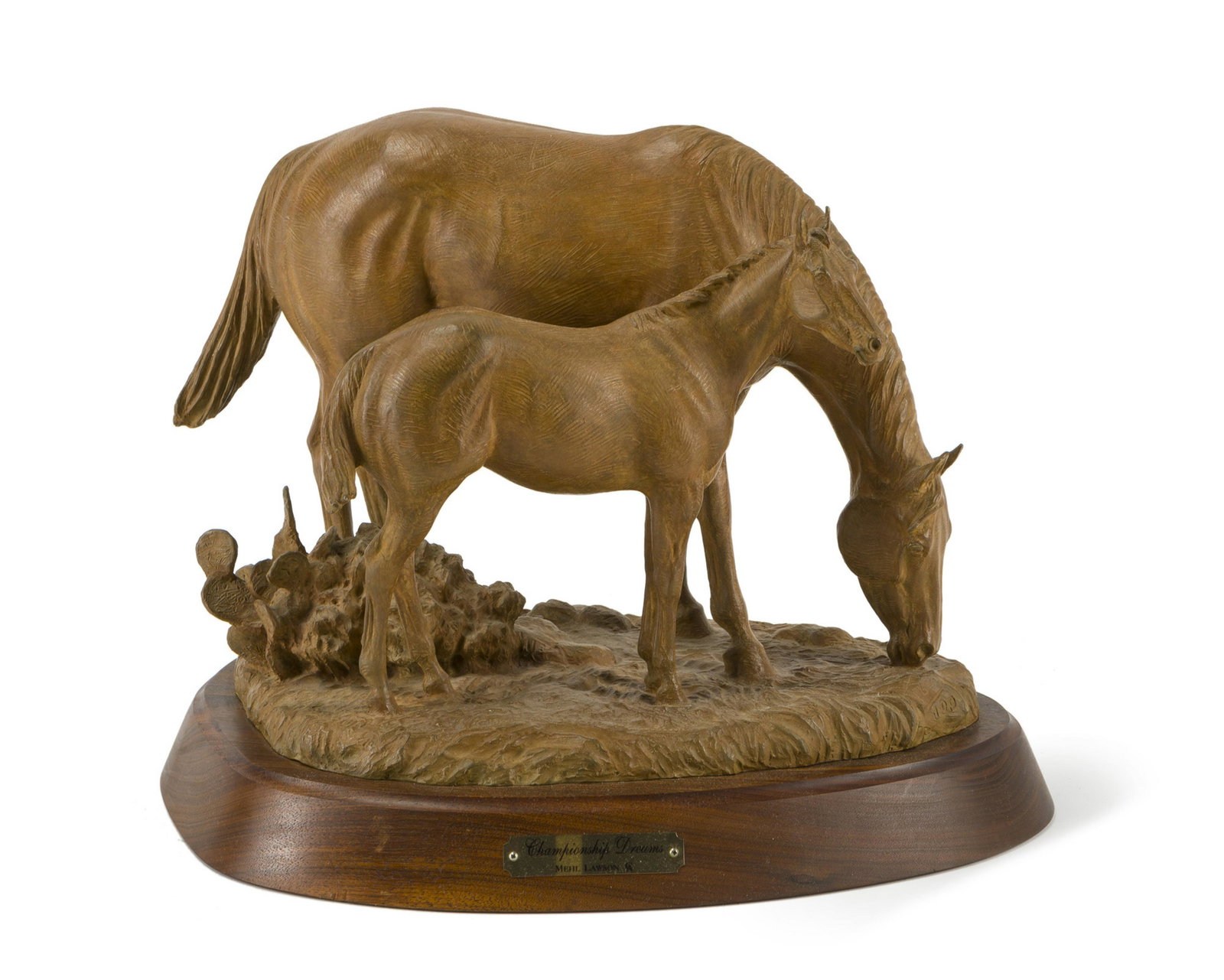 Mehl Lawson (b. 1942 Bonita, CA): "Championship Dreams" Patinated bronze on wood plinth Edition: 6/100; Signed and titled: Mehl Lawson CA 11" H x 15.5" W x 9" D Provenance: Estate of Phoebe Hearst Cooke Sold: John Moran Auctioneers, F