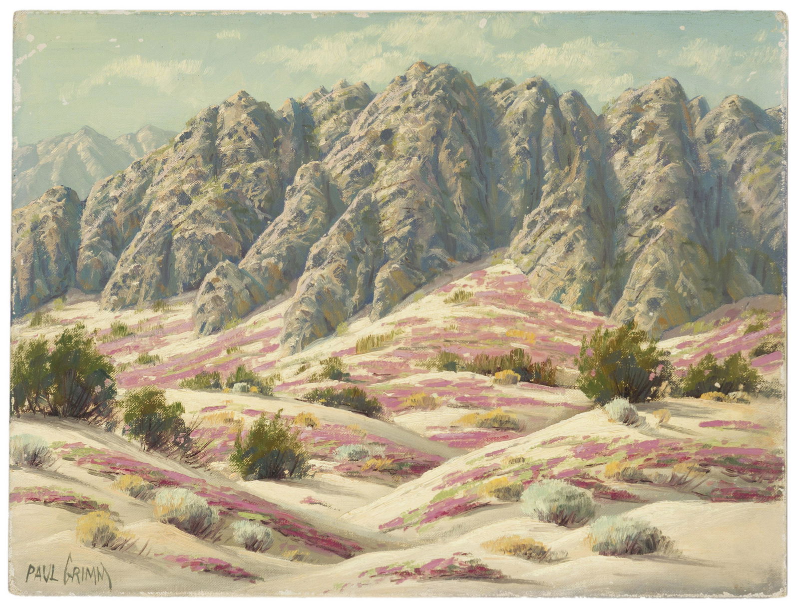 Paul Grimm (1891-1974 Palm Springs, CA): Blooming desert landscape Oil on canvasboard Signed lower left: Paul Grimm 12" H x 16" W