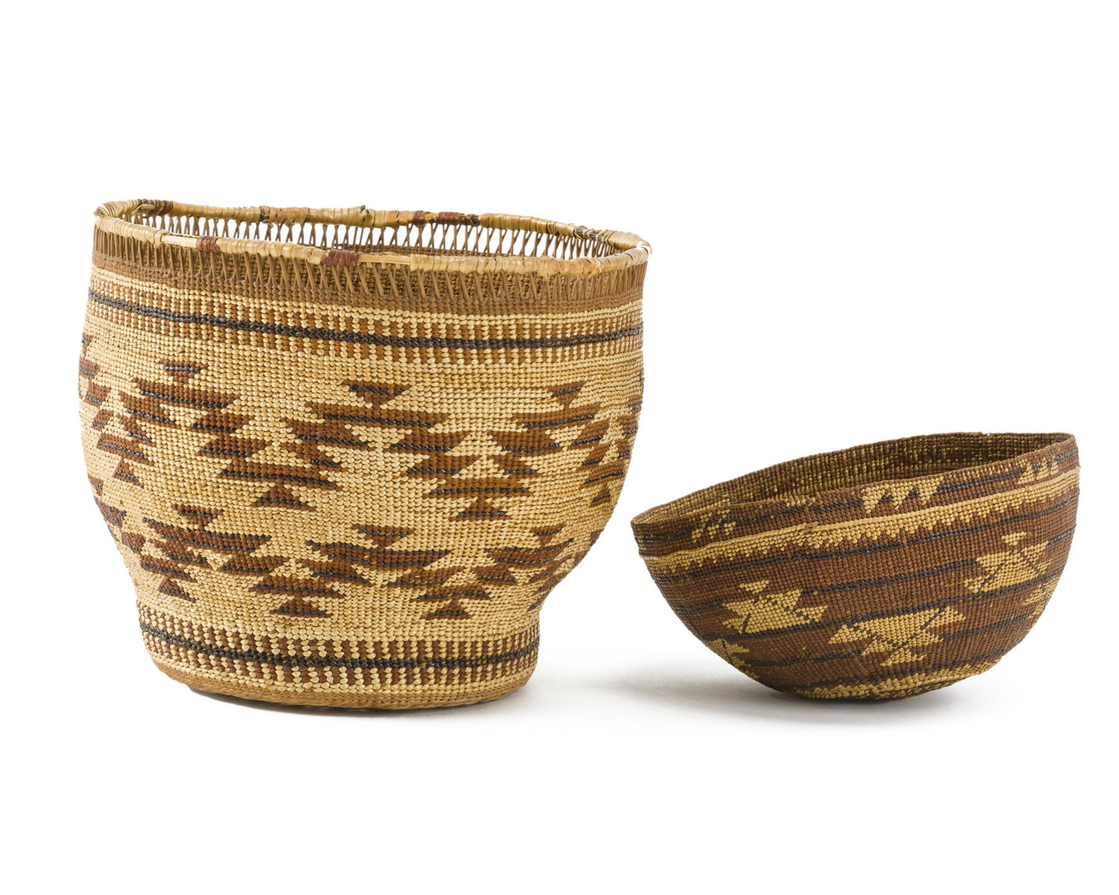 A Hupa open-work basket and hat: Early 20th century Both finely woven and polychrome-decorated in tan, dark brown and cream with geometric motifs, the larger with an open lattice rim Basket: 7.5" H x 9" Dia.; Hat: 3.5" H x 7" Dia.