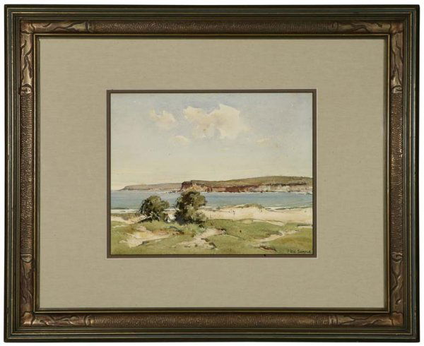 Paul Sample (1896-1974): California coastal view with tent campers, signed lower right: Paul Sample, watercolor on paper under glass, sight size: 13'' x 16.25'', est:$4000/6000