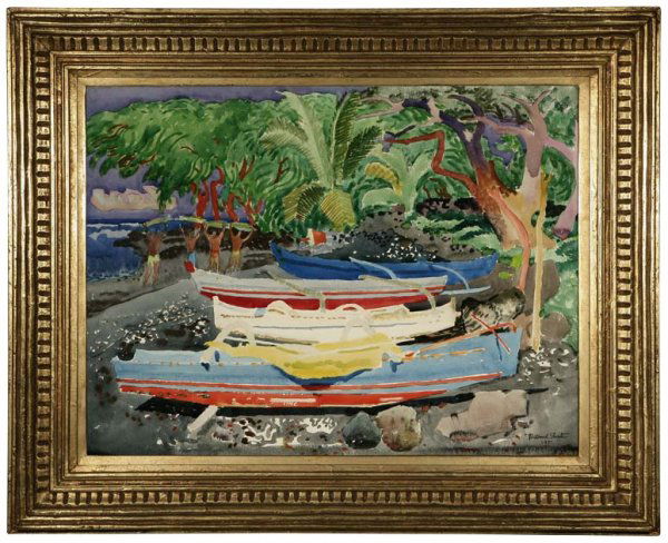Millard Owen Sheets (1907-1989): Beached Outriggers, Hawaii, signed lower right: Millard Sheets 1951, watercolor on paper under glass, paper size: 22'' x 29.5'', est:$15,000/20,000. Exhibited: 'Millard Sheets: Paintings from Around t
