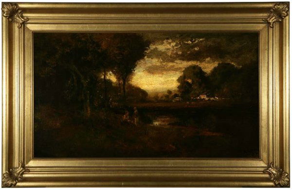 William Keith (1838-1911): two figures picnicking near a pond, signed and inscribed lower right: W. Keith, S.F., oil on canvas, 16'' x 28'', est:$4000/6000. Provenance: Private Collection, Altadena, CA