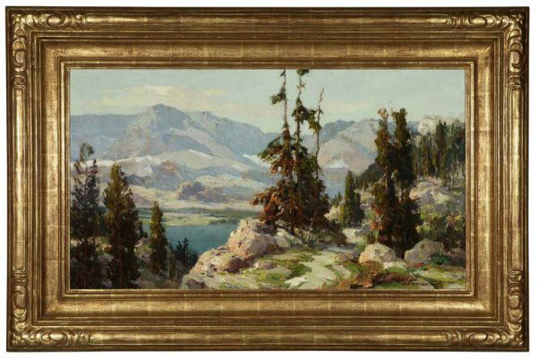 Jack Wilkinson Smith (1873-1943): High Sierra landscape, signed lower right: Jack Wilkinson Smith, oil on canvas laid to canvas, 19'' x 34'', est:$20,000/30,000. Provenance: Edenhurst Gallery, Los Angeles, CA; Private Collection, Los