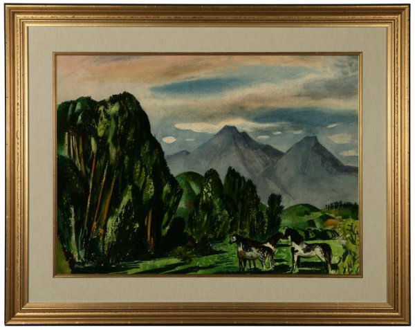Millard Owen Sheets (1907-1989): Hawaiian landscape with horses, signed verso: Millard Sheets, watercolor on paper under glass, sight size: 21'' x 29'', est:$5000/7000