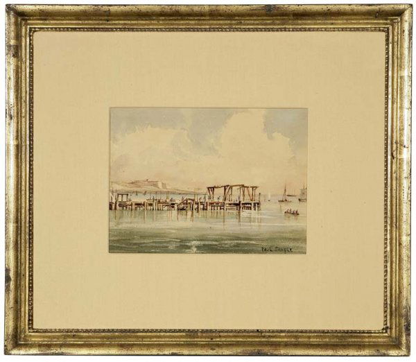 Paul Sample (1896-1974): figures working on a pier, signed lower right: Paul Sample, watercolor on paper under glass, sight size: 5.5'' x 7.5'', est:$3000/5000