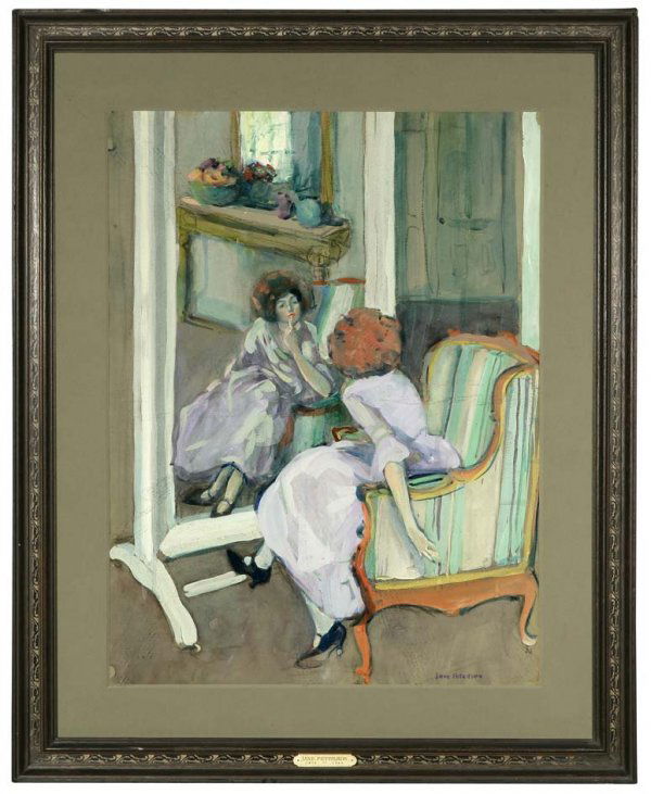 Jane Peterson (1876-1965): The Dressing Mirror, woman applying lipstick in front of a mirror, signed lower right: Jane Peterson, tempera on paper under glass, sight size: 23'' x 17.75'', est:$25,000/35,000