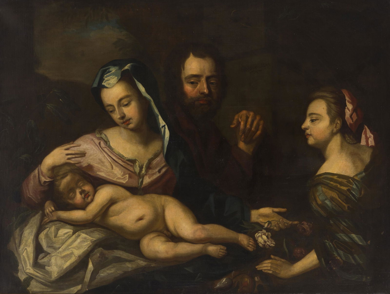 After Jacopo Palma il Giovane (1548-1628 Italian): The Holy Family with St. Anne Oil on canvas laid to canvas Signed in the center: Jacobus Palma 43" H x 56.25" W