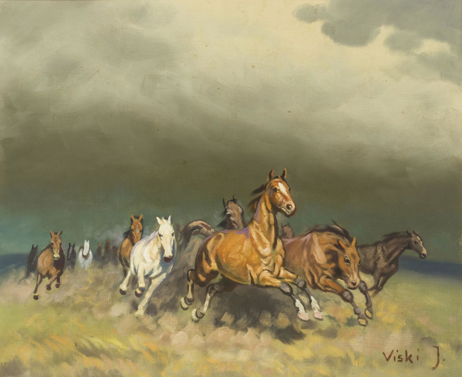 Janos Viski (1891-1987 Hungarian): Horses running with storm in background Oil on canvas Signed lower right: Viski J. 20" H x 24" W
