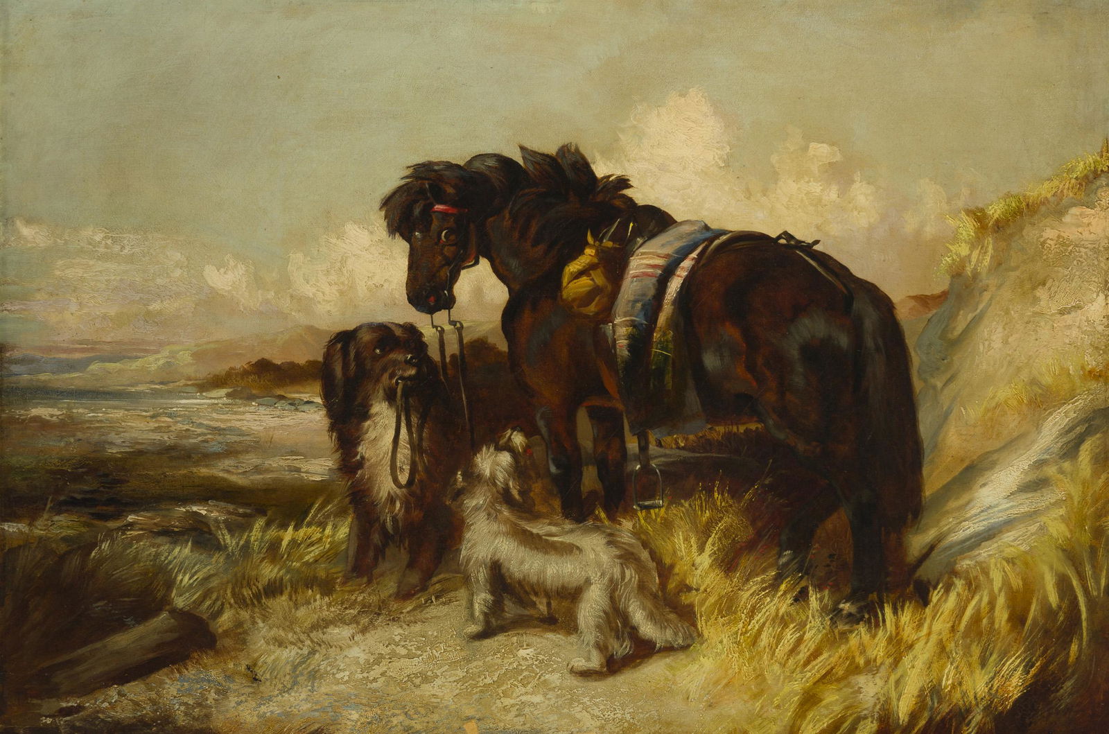 Robert Cleminson (1864-1903 British): Highland Pony, Collie and Skye Terrier in a coastal landscape Oil on canvas laid to canvas Faintly signed lower left: R. Cleminson 24.5" H x 36" W