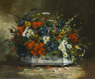 Alexej Alexejewitsch Harlamoff (1842-1925 Russian): Flowers, 1915 Oil on canvas Signed and dated lower right: A. Harlamoff, titled on the frame plaque 21.25" H x 25.5" W