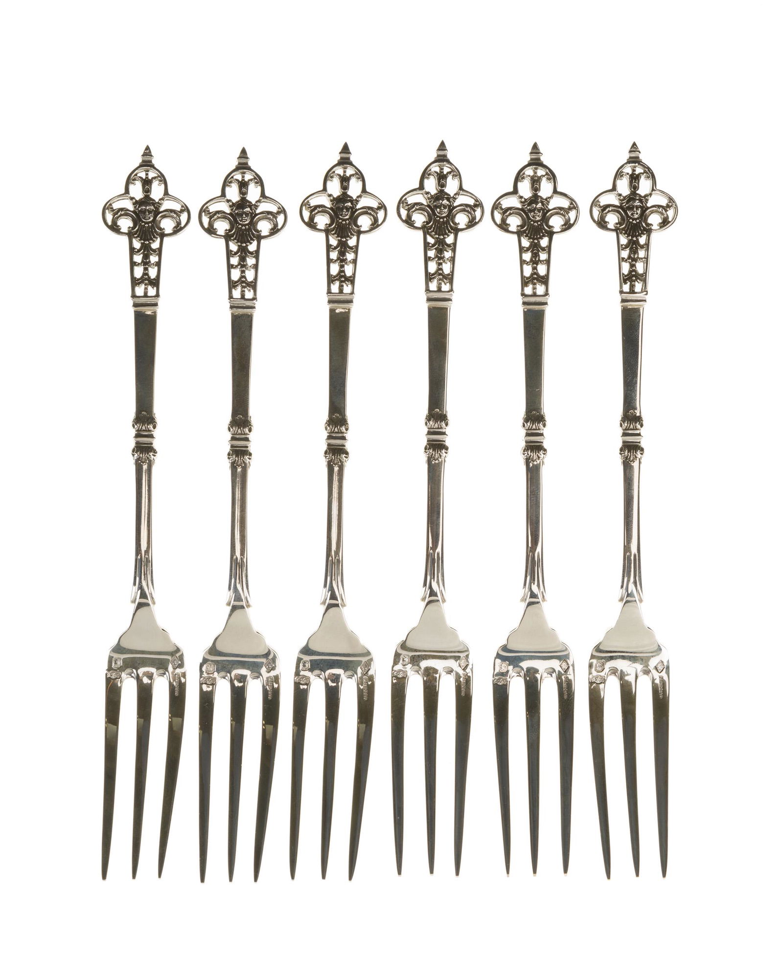 Six Cardeilhac "Renaissance" .950 silver dessert forks: Second half 20th century Each signed: Cardeilhac; Further stamped for Christofle, Cardeilhac, and with French Minerva head mark Comprising six dessert forks (7.25"), not monogrammed, 6 pieces 8.400