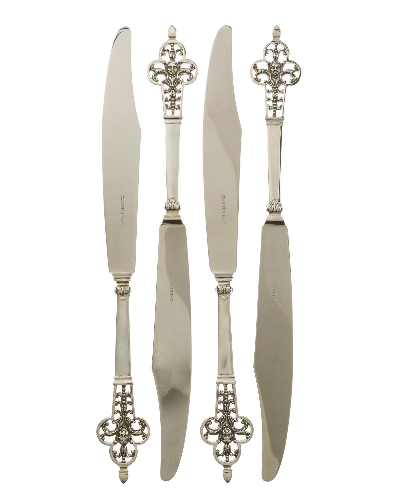 Four Cardeilhac "Renaissance" .950 silver dinner knives: Second half 20th century Each signed: Cardeilhac; Further stamped for Christofle, Cardeilhac, and with French Minerva head mark Comprising four dinner knives (10.25"), not monogrammed, 4 pieces 9.3