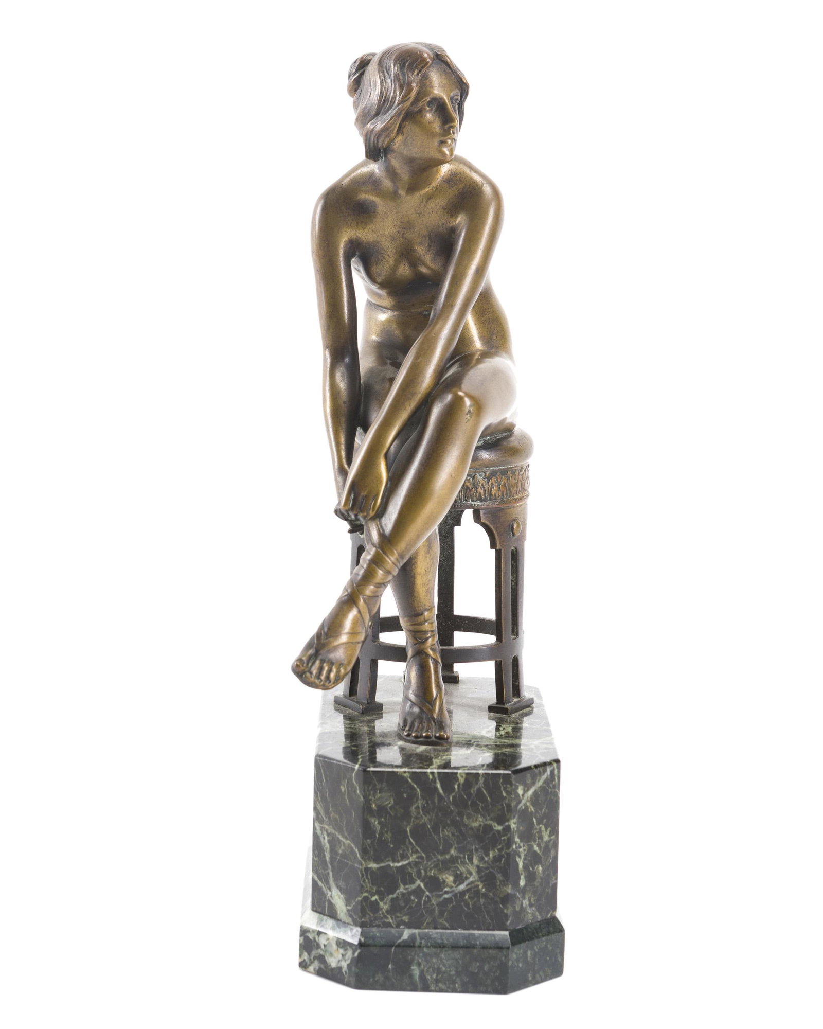 Ludwig Vordermayer (1868-1933 German): Seated nude putting on a sandal Patinated bronze on a marble plinth Signed: Ludw Vordermayer / Akt-Ges-Gladenbook Baden Overall: 12.75" H x 6.25" W x 3.75" D