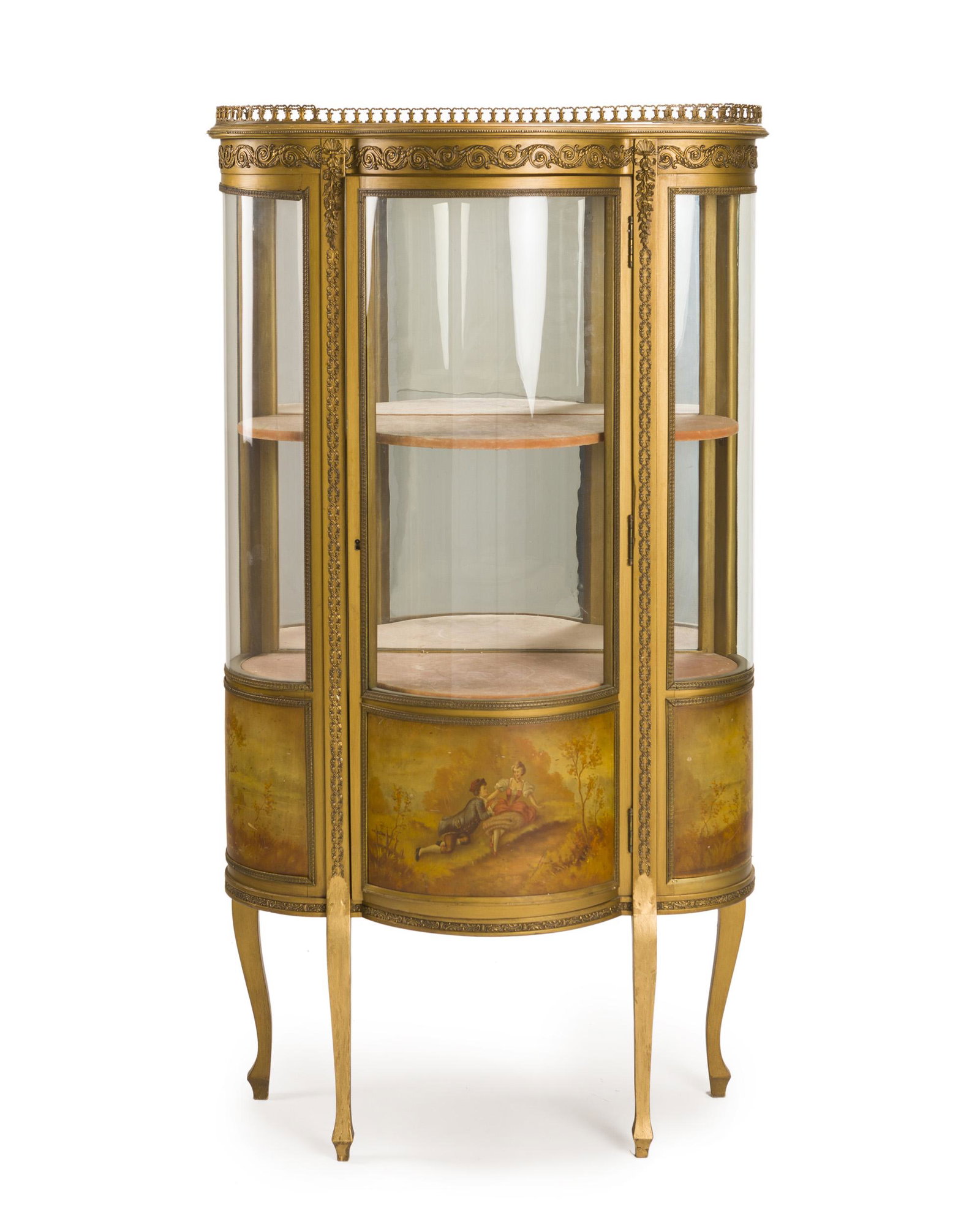 An antique Vernis Martin vitrine: First quarter 20th century Rounded glazed glass doors enclosing a two-shelf cabinet. 59" H x 32.75" W x 15.25" D