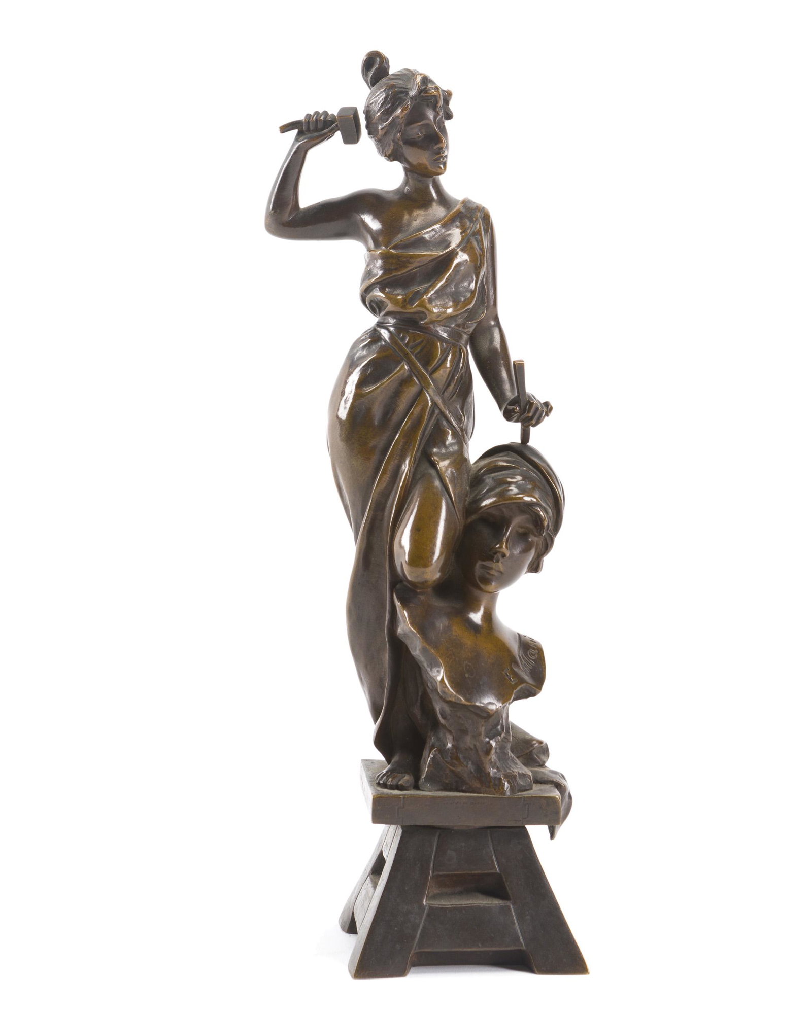 Emmanuel Villanis (1858-1914 French): A sculptress with her work Patinated bronze Signed and numbered: E Villanis A 2830; Pastille: Bronze Faranti au Titre L.V. Depousée 14.25" H x 5.25" W x 3.5" D