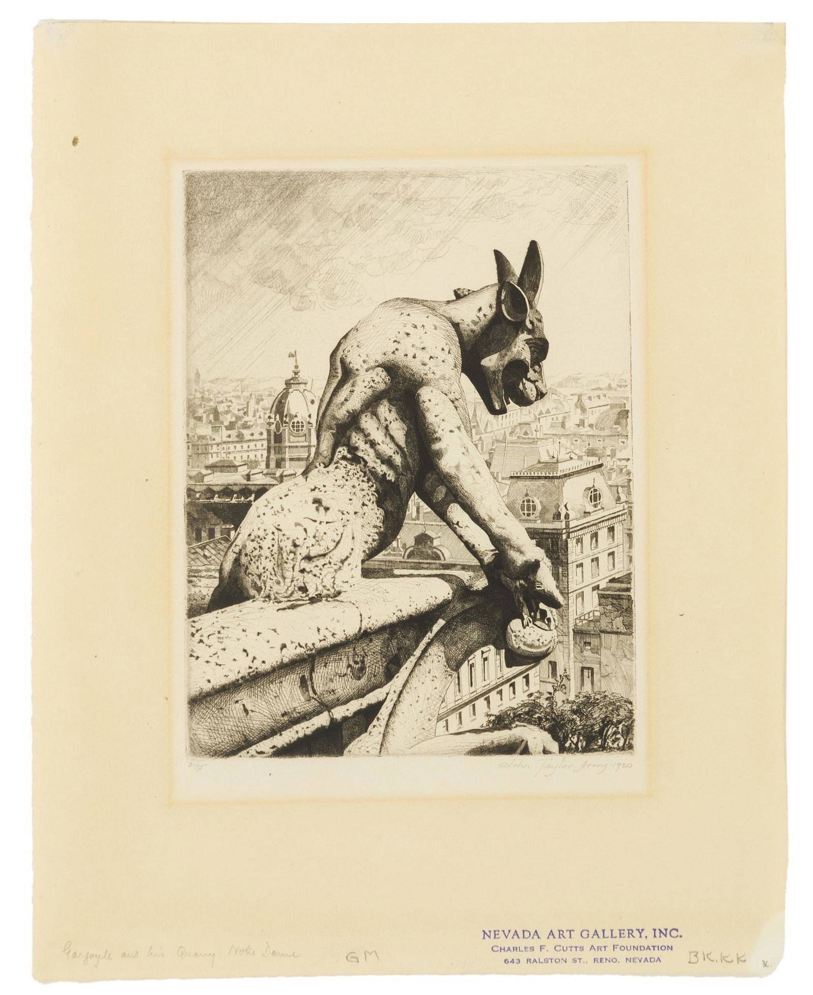 John Taylor Arms (1887-1953 Fairfield, CT): Gargoyle and His Quarry, 1920 Etching on paper Edition 31/75, signed and dated lower right: John Taylor Arms, titled in the lower left margin under the matting Plate: 7" H x 5.25" W Provenance: N