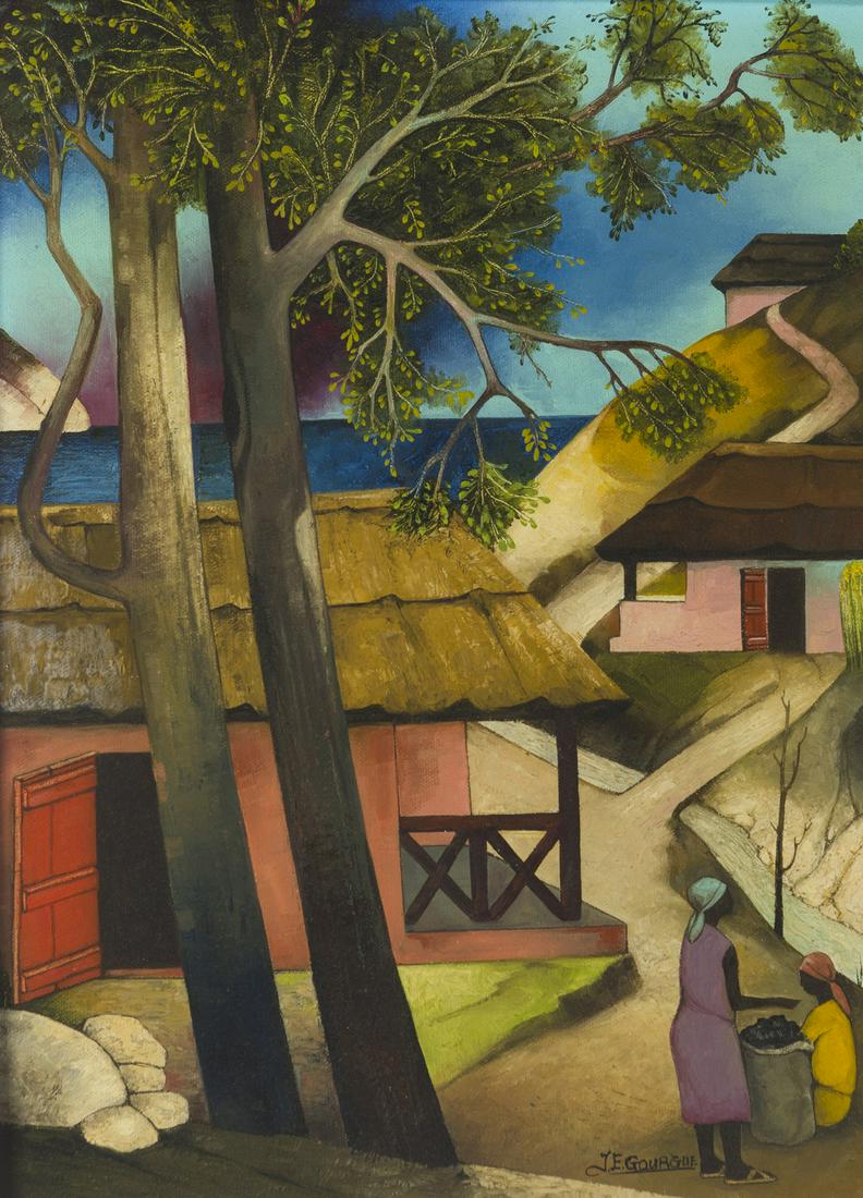 Jacques-Enguerrand Gourgue (1930-1996 Haitian): Structures in a landscape with figures Oil on canvas Signed lower right: J.E. Gourgue 16" H x 12" W
