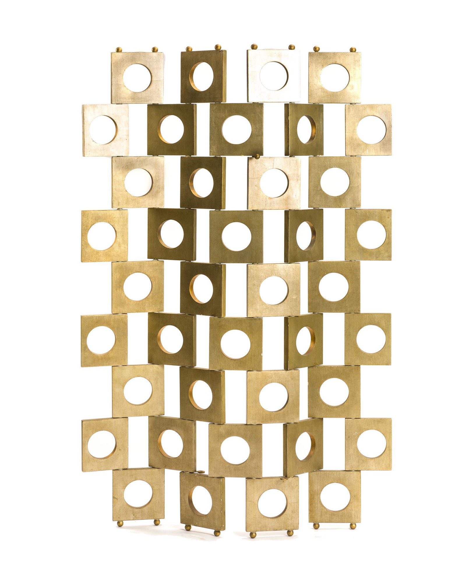 A room divider: Second half 20th century Comprised of silvered and gilt burnished metal squares joined at each corner 58.75" H x 40" W x .75" D