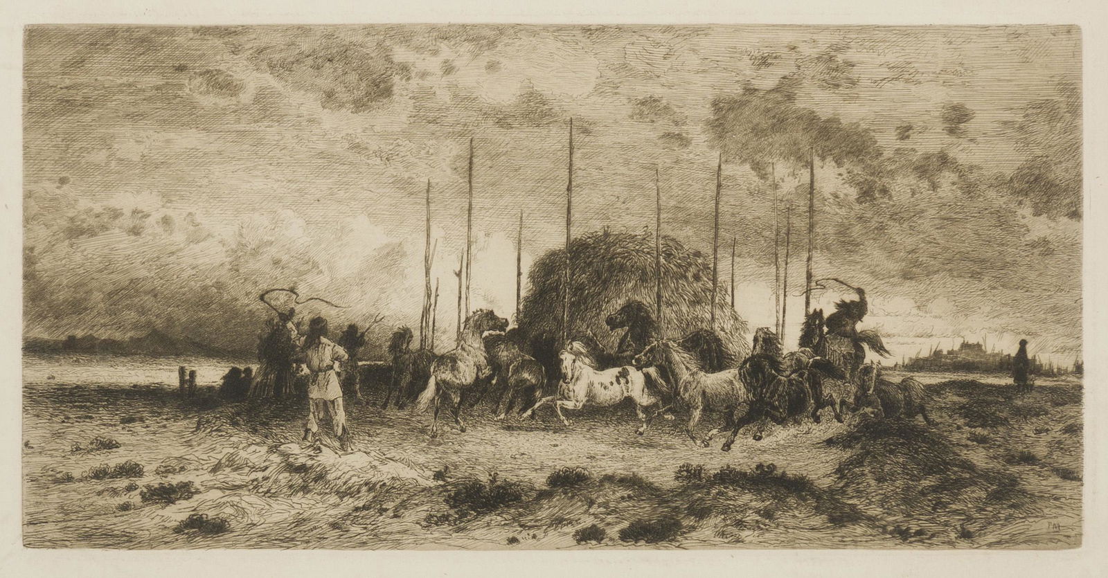 Peter Moran (1841-1914 Philadelphia, PA): Harvest in San Juan, New Mexico Etching on paper under glass Initialed in the plate lower right: P.M. Plate: 6.25" H x 12.5" W