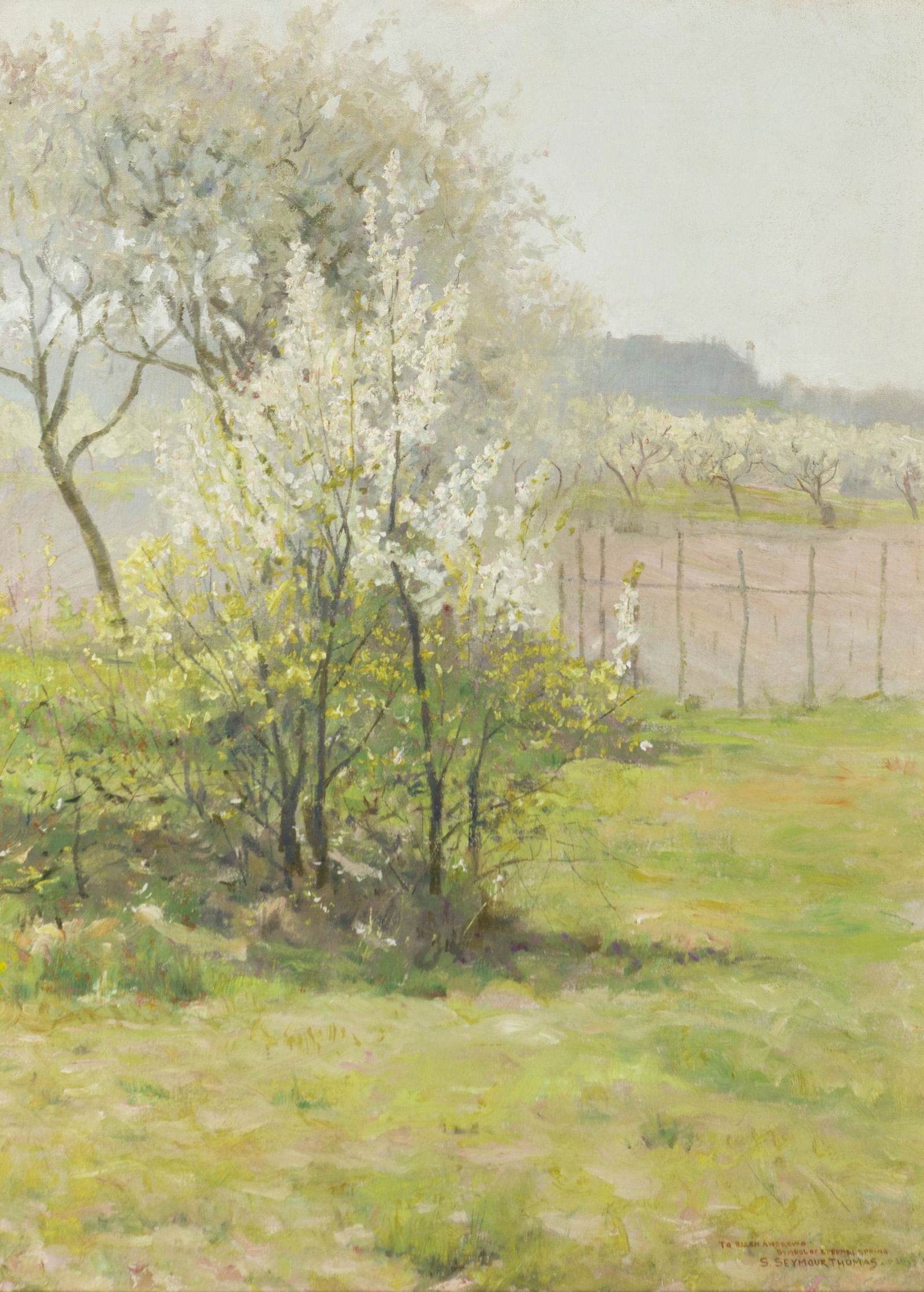 Stephen Seymour Thomas (1868-1956 La Crescenta, CA): Spring, 1894 Oil on canvas Signed, dated and inscribed lower right: S. Seymour Thomas / To Ellen Andrews, Symbol of Eternal Spring / Paris '94, dated again, titled and inscribed on the stretcher: Th