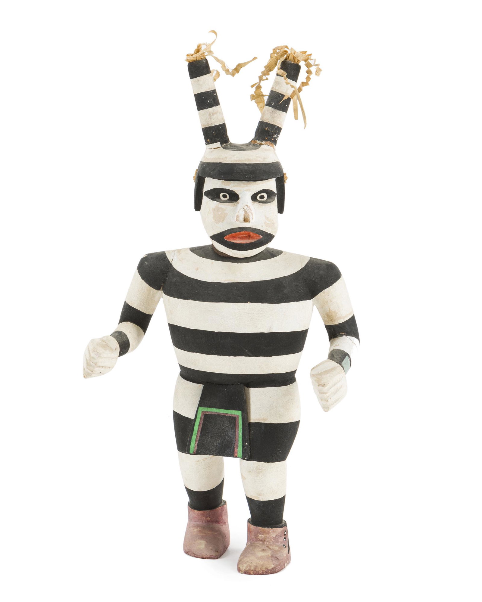 A Hopi clown kachina doll: Late 20th century A large figure, black and white striped 16" H x 9"W x 7" D