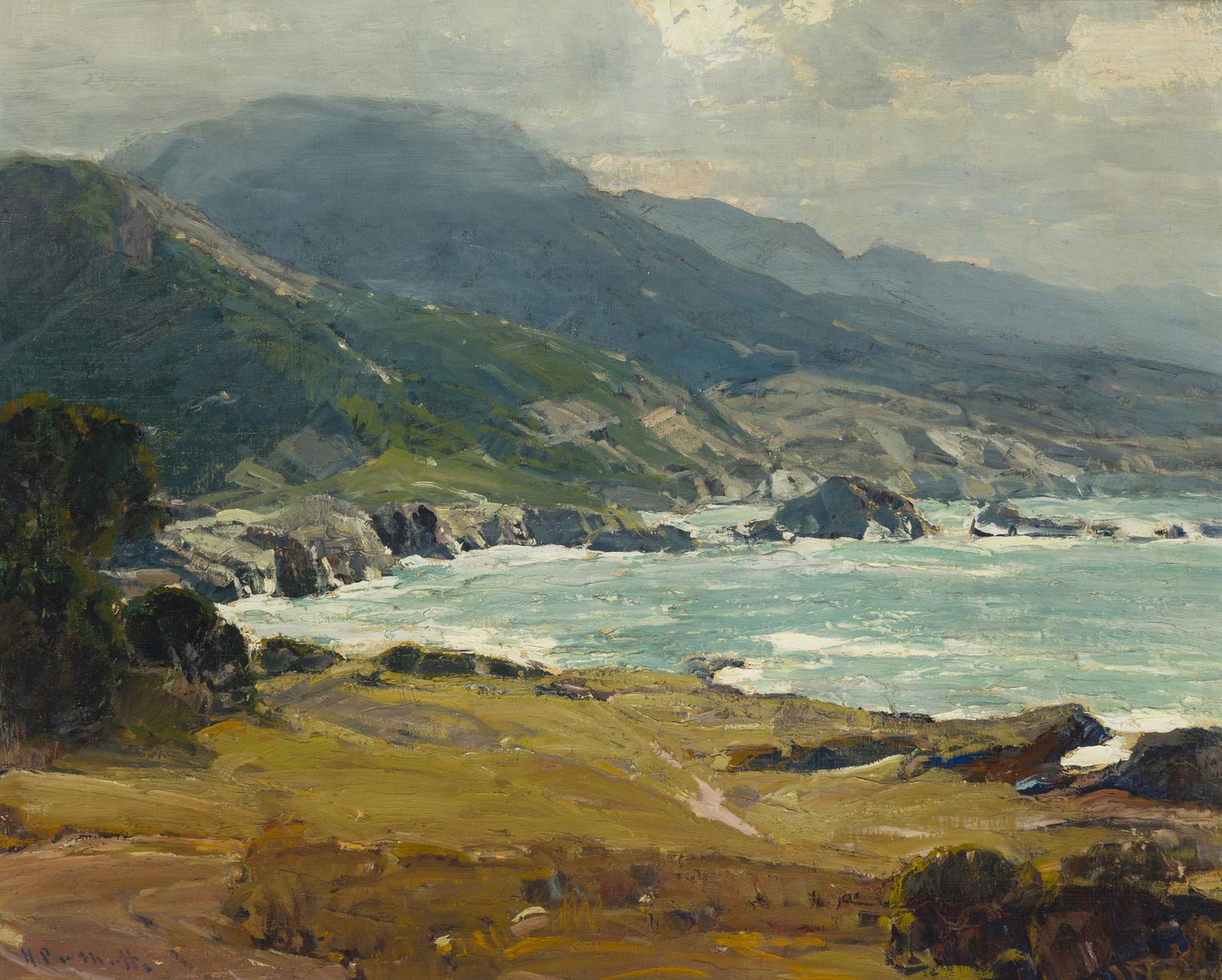 Hanson Duvall Puthuff (1875-1972 Corona Del Mar, CA): "Surging Shallows" Oil on canvas Signed lower right: H. Puthuff, signed again and titled verso 24" H x 30" W