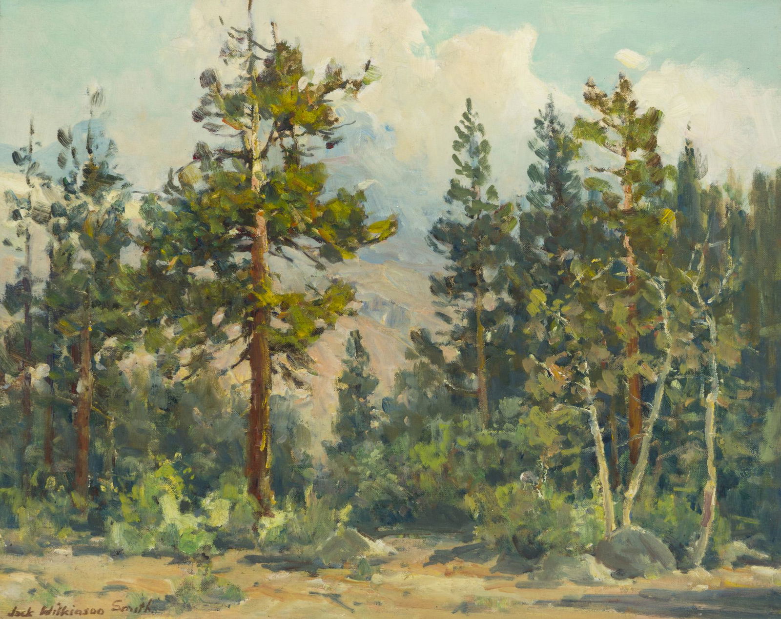 Jack Wilkinson Smith (1873-1949 Alhambra, CA): Trees in a mountain landscape Oil on canvasboard Signed lower left: Jack Wilkinson Smith 16" H x 20" W