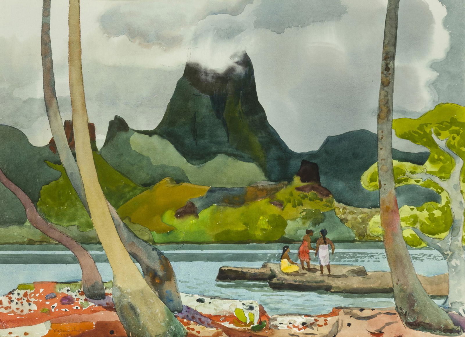 Millard Owen Sheets NA (1907-1989 Gualala, CA): "Moua Puta Across Drake Bay," 1979 Watercolor on Arches paper under glass Signed and dated lower left: Millard Sheets, titled and inscribed verso: Moorea, signed, dated and titled again on