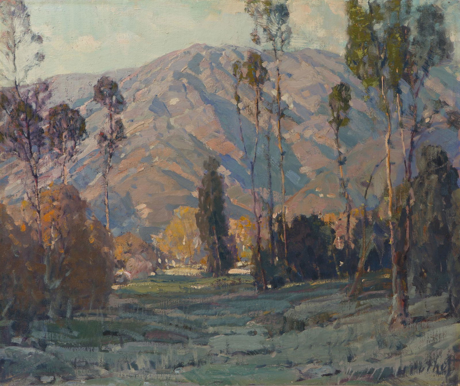 Hanson Duvall Puthuff (1875-1972 Corona Del Mar, CA): "Where Hill and Valley Meet" Oil on canvas Signed lower right: H. Puthuff, signed again and titled verso, the signature and title have been affected due to the painting being reduced in si