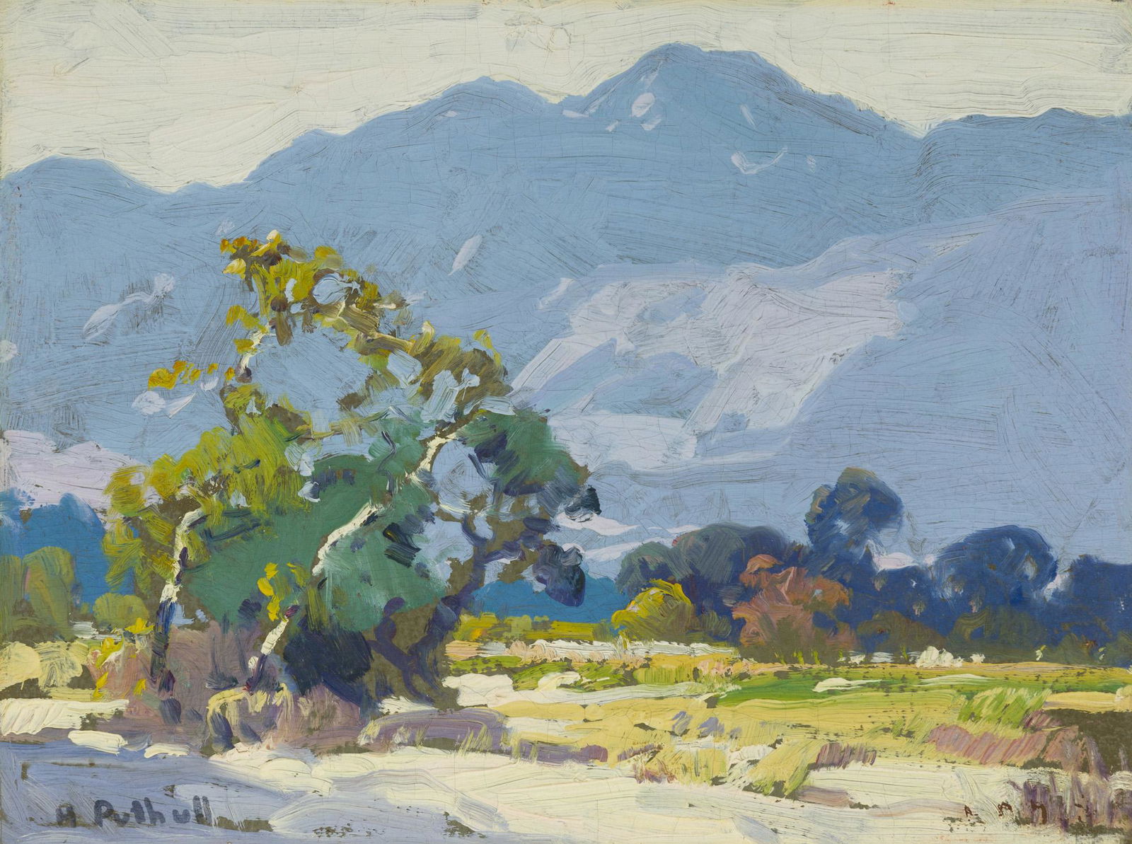Hanson Duvall Puthuff (1875-1972 Corona Del Mar, CA): Mountain landscape Oil on board Estate signed lower left: H Puthuff, estate signed again verso 12" H x 16" W Notes: Estate stamp signed by Maureen St. Gaudens verso.