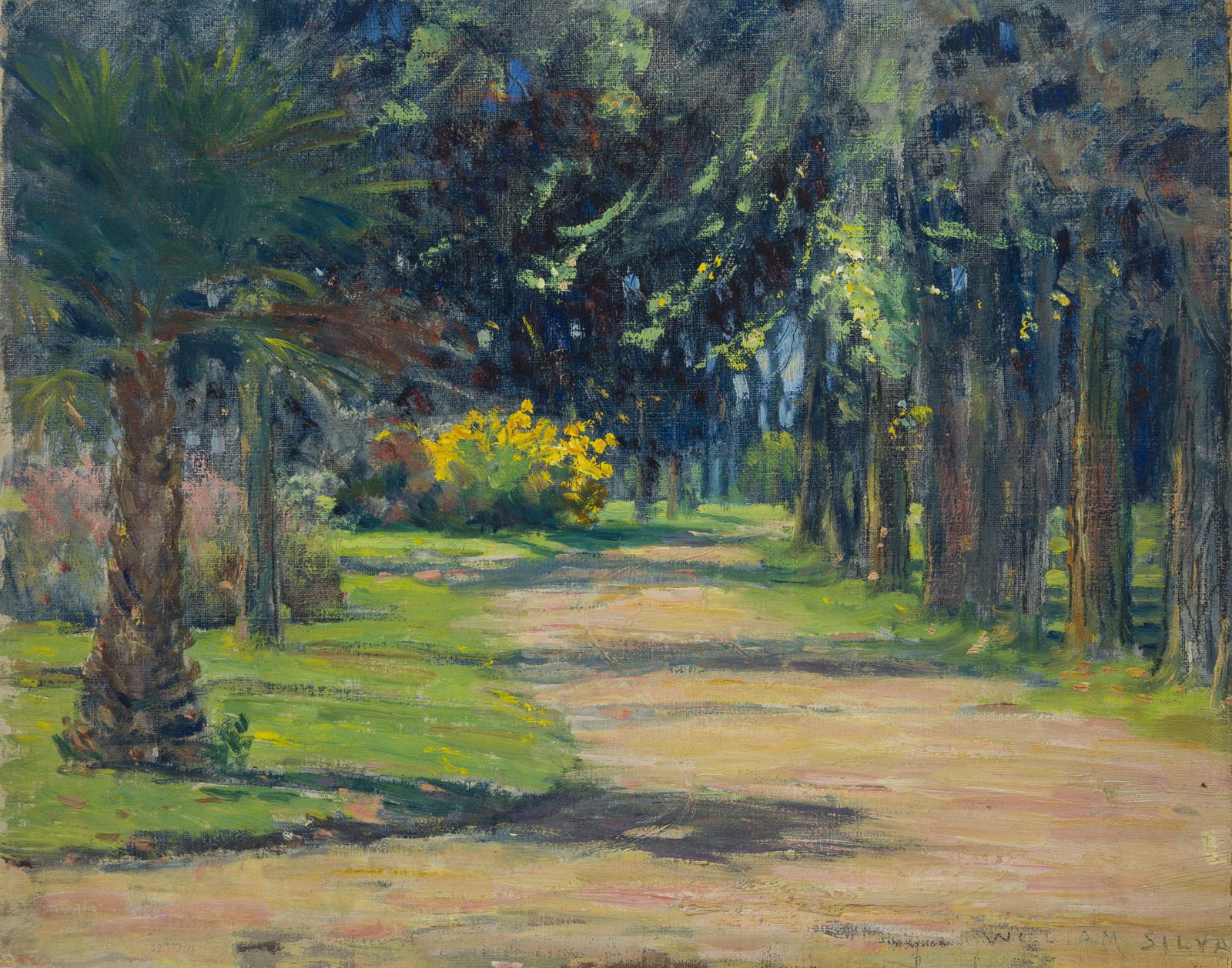 William Posey Silva (1859-1948 Carmel, CA): "Road Thru Park - Sacramento" Oil canvasboard Signed lower right: William Silva, titled and numbered on an artist's label affixed verso: No. 1585 12" H x 15" W Provenance: Sol