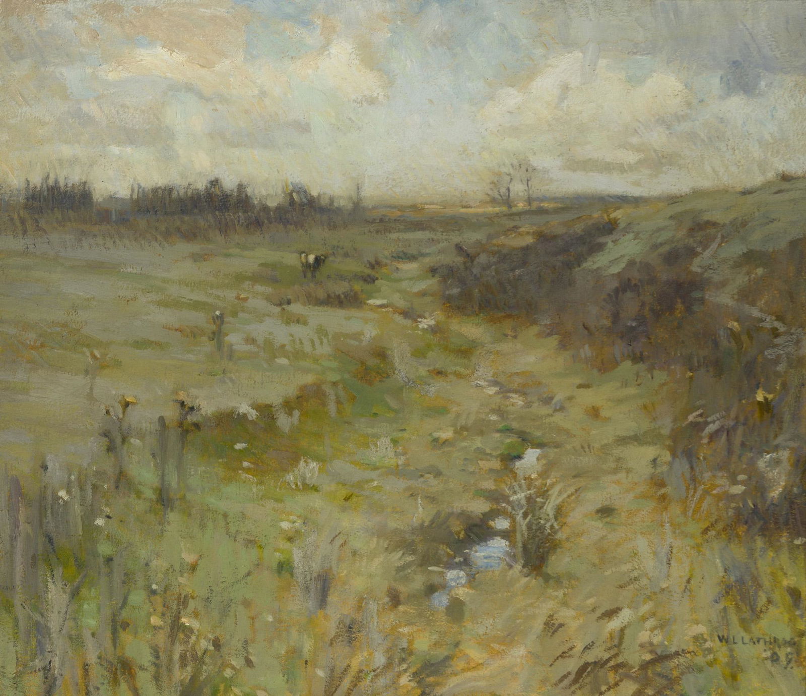 William Langson Lathrop (1859-1938 New Hope, PA): "Early Spring," 1909 Oil on canvas Signed and dated lower right: WL Lathrop, signed again, titled and dated on the stretcher 22" H x 25" W
