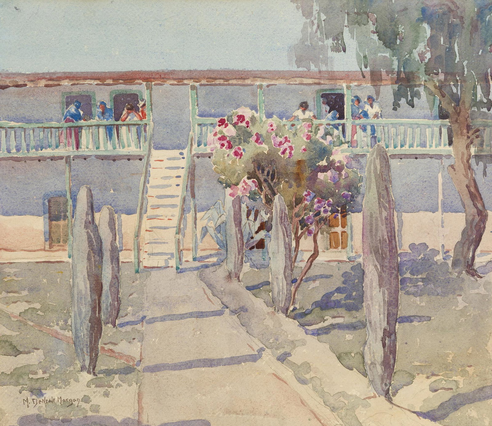 Mary DeNeale Morgan (1868-1948 Carmel, CA): Figures outside an apartment complex Watercolor on paper under glass Signed lower left: M. DeNeale Morgan Sight: 15.5" H x 17.75" W Notes: There is an unfinished work of a fountain verso.