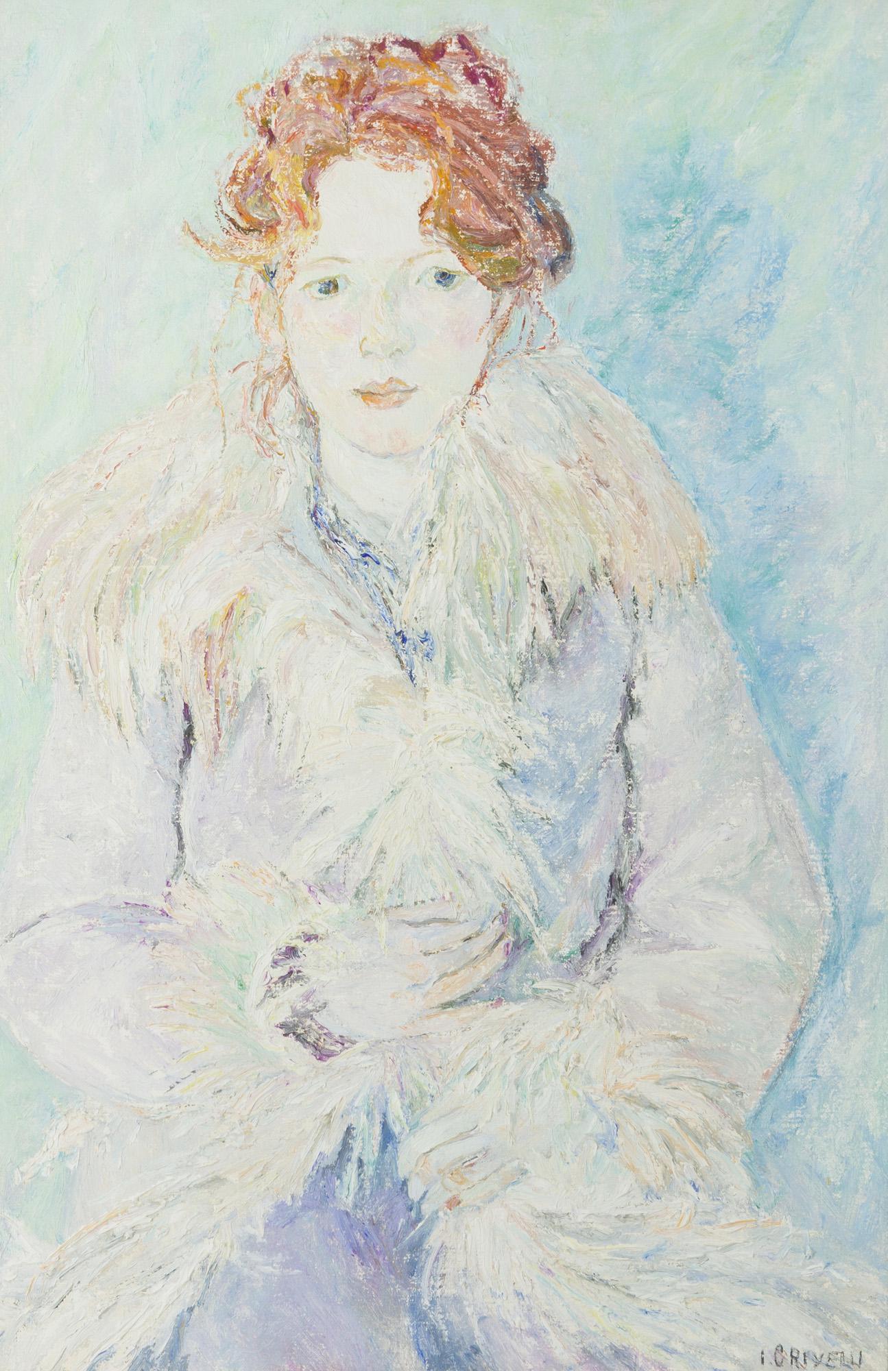 Isaline Crivelli (1903-1988 Swiss): Seated woman in a fur-lined coat, 1975 Oil on canvas under glass Signed lower right: I. Crivelli, signed again and dated on the stretcher 23.75" H x 15.75" W Provenance: Sold, Jackson's