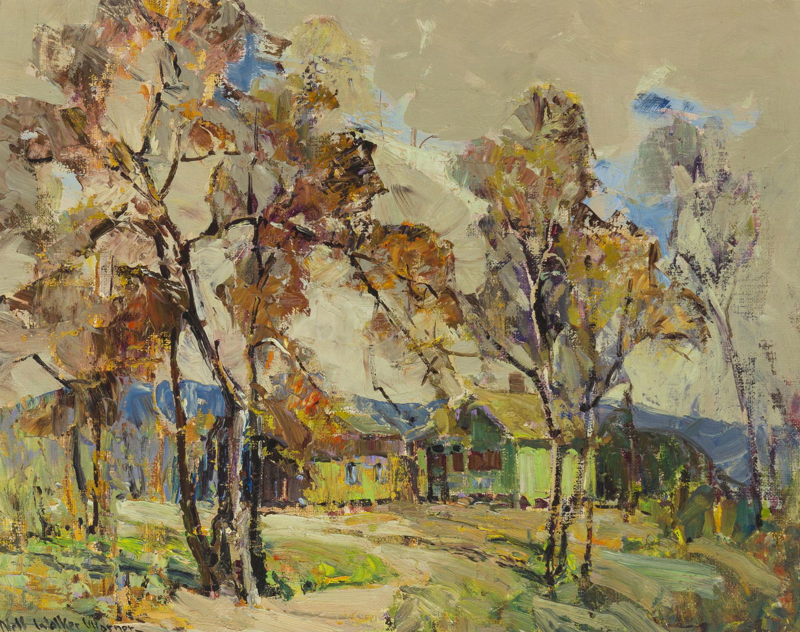 Nell Walker Warner (1891-1970 Carmel, CA): "Laguna Cottages" Oil on canvas Signed lower left: Nell Walker Warner, signed again and titled on the stretcher 16" H x 20" W