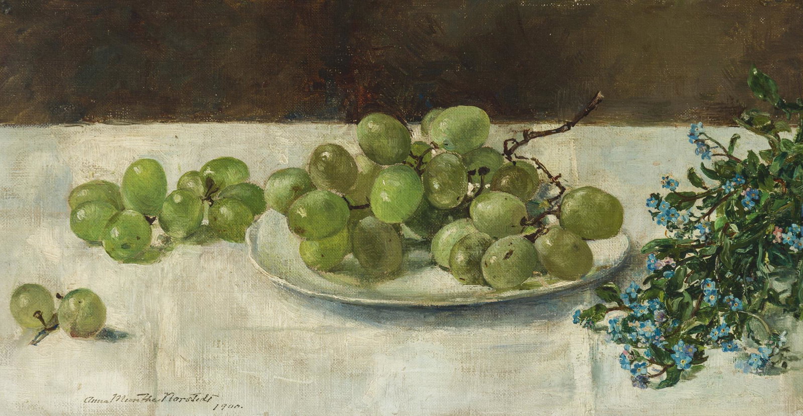Anna Munthe-Norstedt (1854-1936 Swedish): Still life with grapes, 1900 Oil on canvas laid to panel Signed and dated lower left: Anna Munthe-Norstedt 7.5" H x 15" W