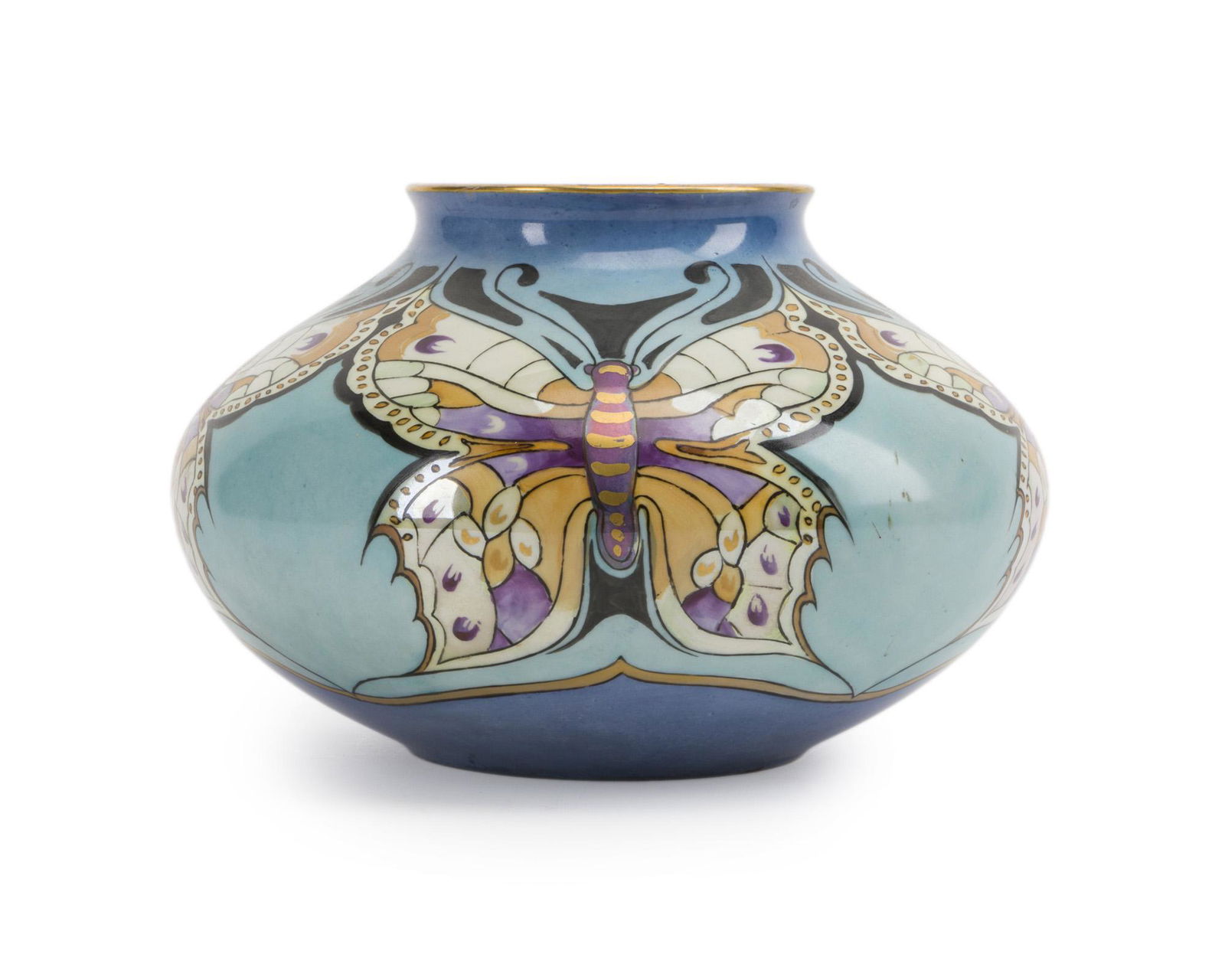 A Bernardaud & Co. France porcelain vase: First quarter 20th century Stamped: B & Co. France The wide-bodied vase adorned with Art Nouveau butterflies 5.75" H x 8.5' Dia.